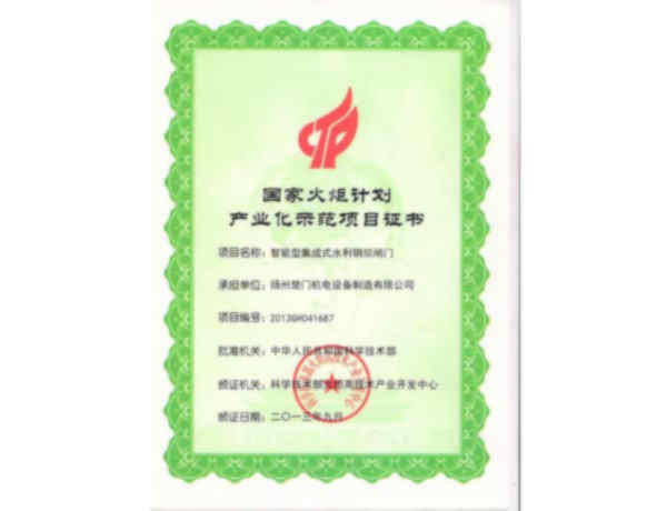 國家火炬計劃產(chǎn)業(yè)化示范項目證書